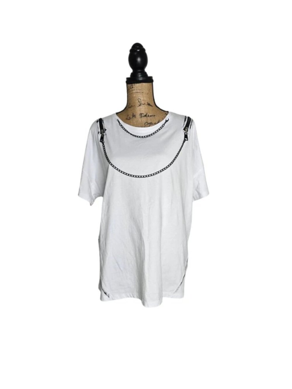 Punk Queen Couture Black & White T-Shirt Open Shoulder Attached Chain Size Large